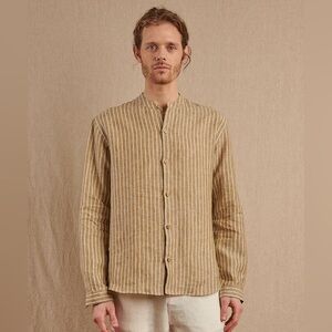 Road to Nowhere Men's Striped Monty Mandarin Button Up Shirt 100% Linen Size L